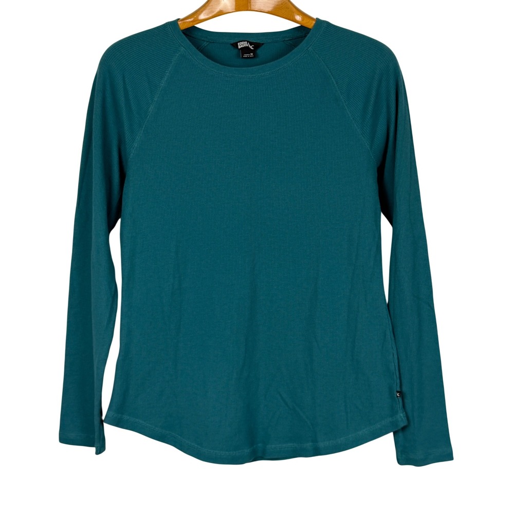 Eddie Bauer Waffle Knit Thermal Top M Teal Green Raglan Sleeve Long Sleeve Shirt